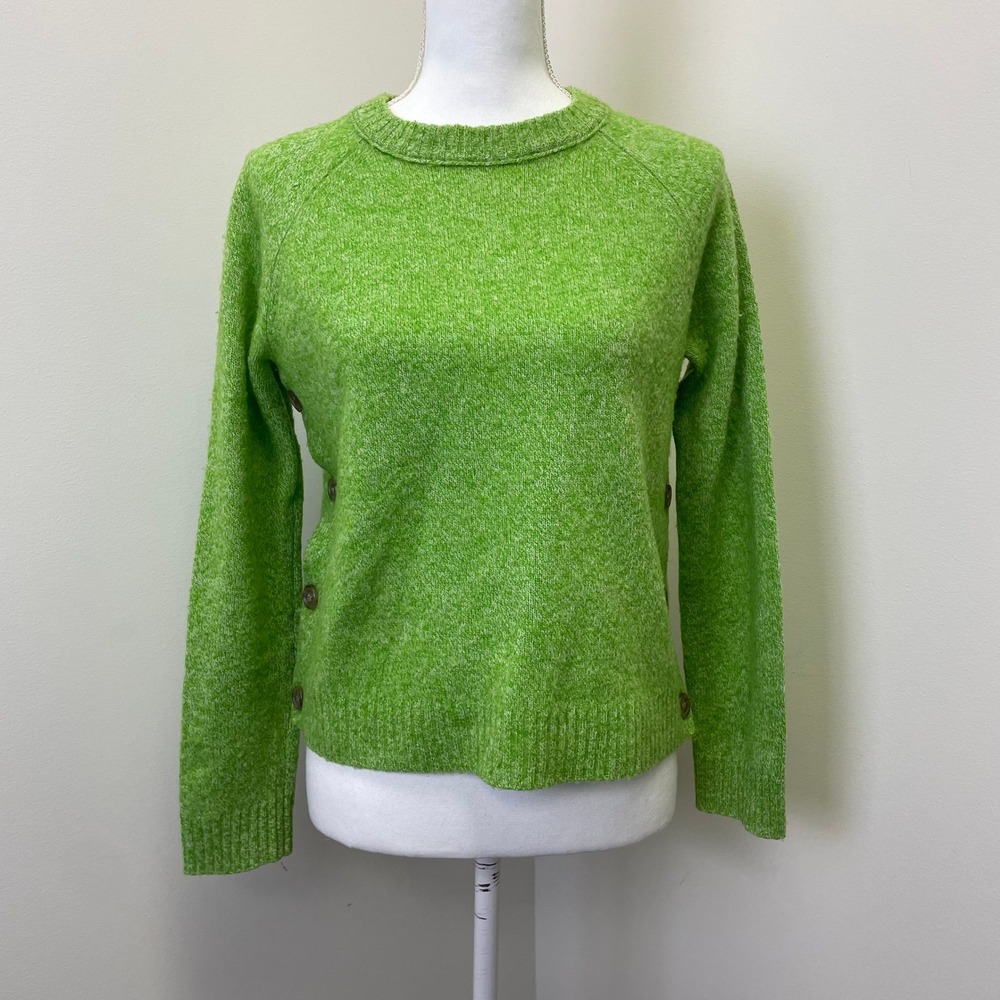 J.Crew Womens S Lime Green 100% Lambswool Side Button Raglan Crewneck Sweater